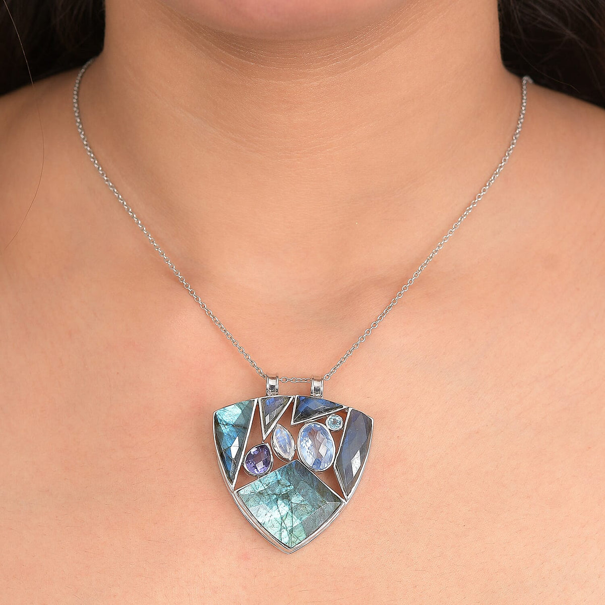 Sajen Silver - Labradorite &amp; Multi Gemstones Pendant in Rhodium Overlay Sterling Silver 28.90 Ct 8375909 2