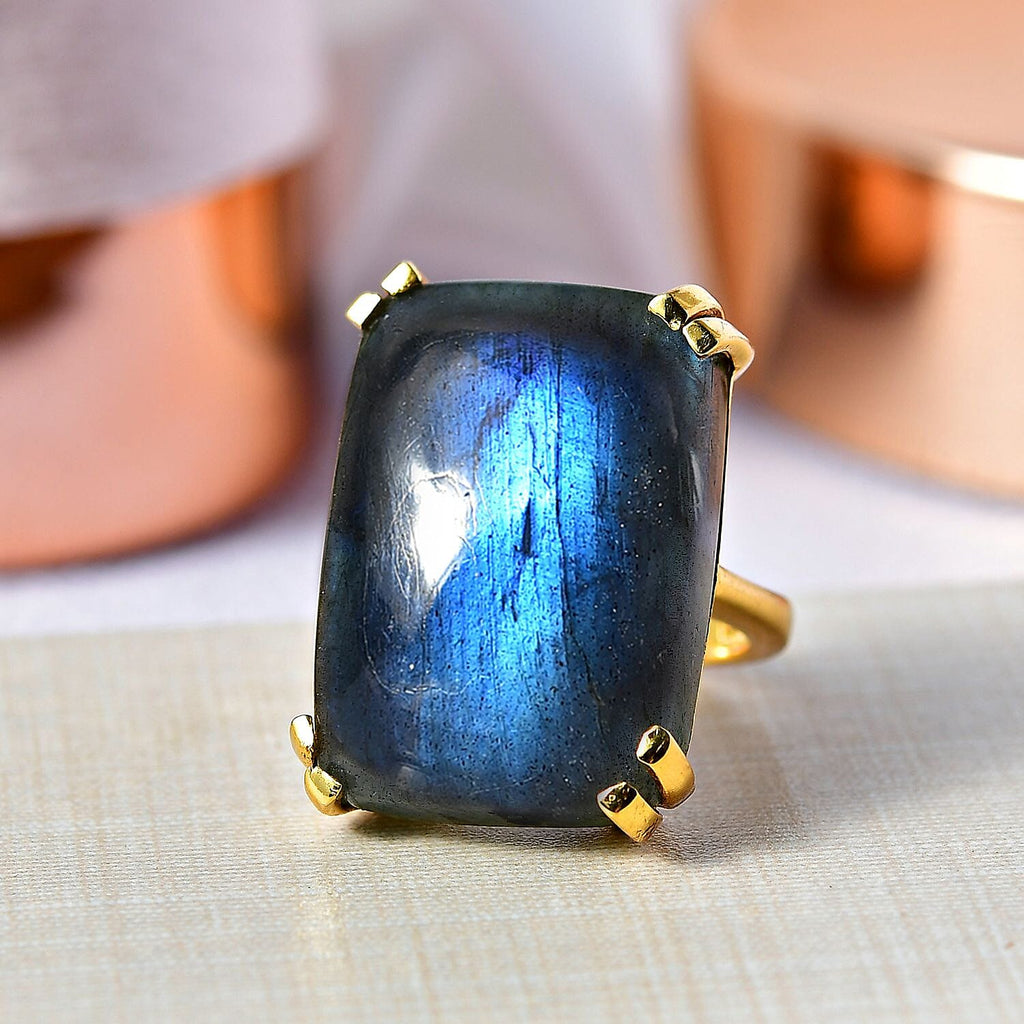 D'Joy Labradorite Ring in 18K Yellow Gold Plating Sterling Silver 31.56 Ct, Silver Wt. 5.23 Gms.