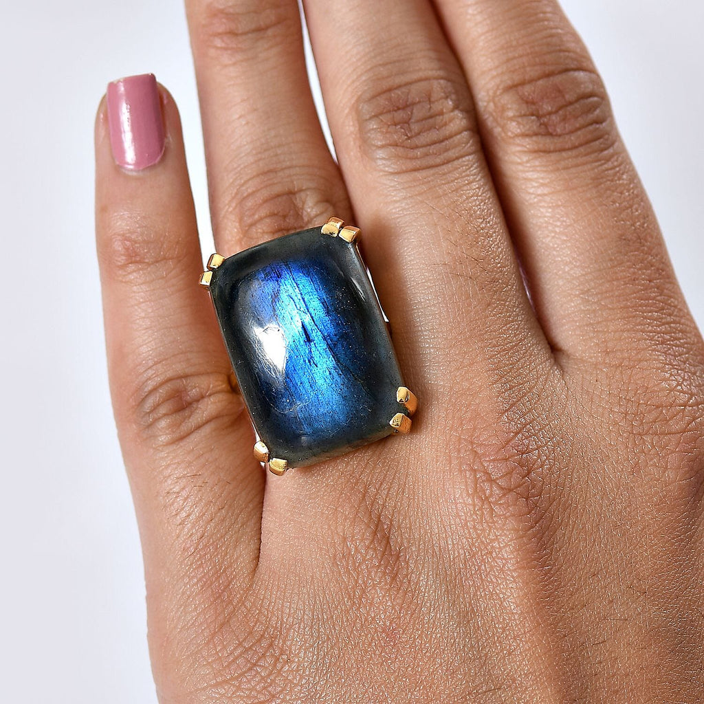 D'Joy Labradorite Ring in 18K Yellow Gold Plating Sterling Silver 31.56 Ct, Silver Wt. 5.23 Gms.