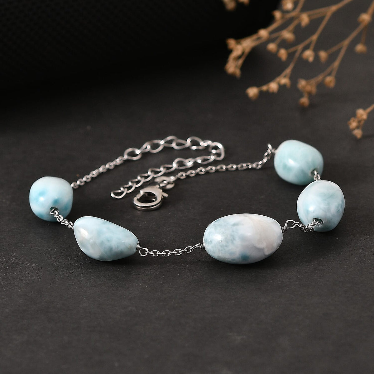 D'Joy - Natural Larimar Bracelet (Size - 7.5+2 Ext) in Rhodium Overlay Sterling Silver 45.00 Ct. V32519136 2