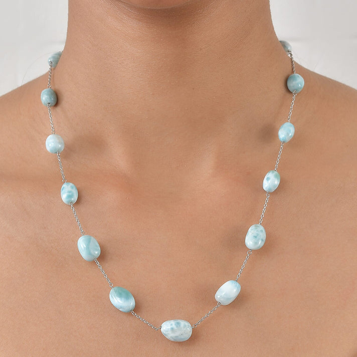 Tucson Buy - Natural Larimar Necklace (Size - 20) in Rhodium Overlay Sterling Silver 90.00 Ct. 8566554 2