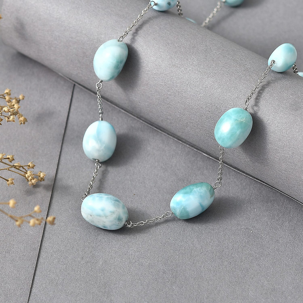 Tucson Buy - Natural Larimar Necklace (Size - 20) in Rhodium Overlay Sterling Silver 90.00 Ct. V32529869 2