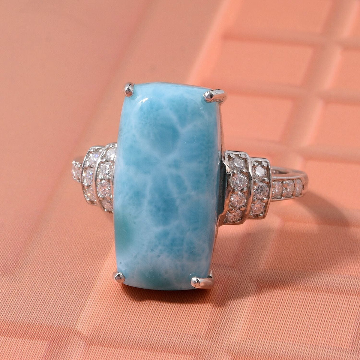 D'Joy Larimar, Moissanite Elongated Ring in Rhodium Overlay Sterling Silver 9.58 Ct. 8294068 1