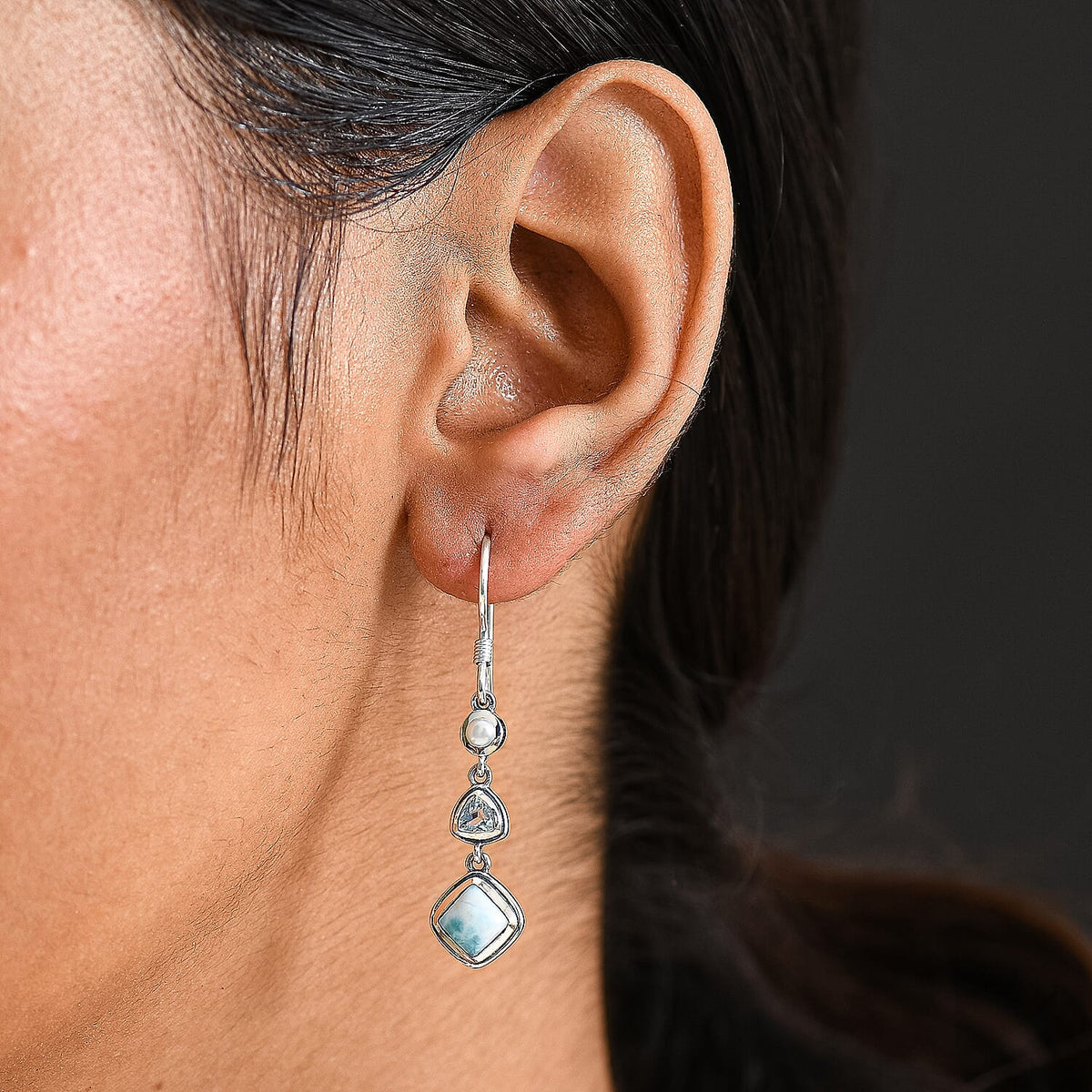 D'Joy Larimar, Skyblue Topaz and Fresh Water Pearl Dangling Earring with J Hook in Black Oxidised Sterling Silver 3.70 Ct. 8282877 3