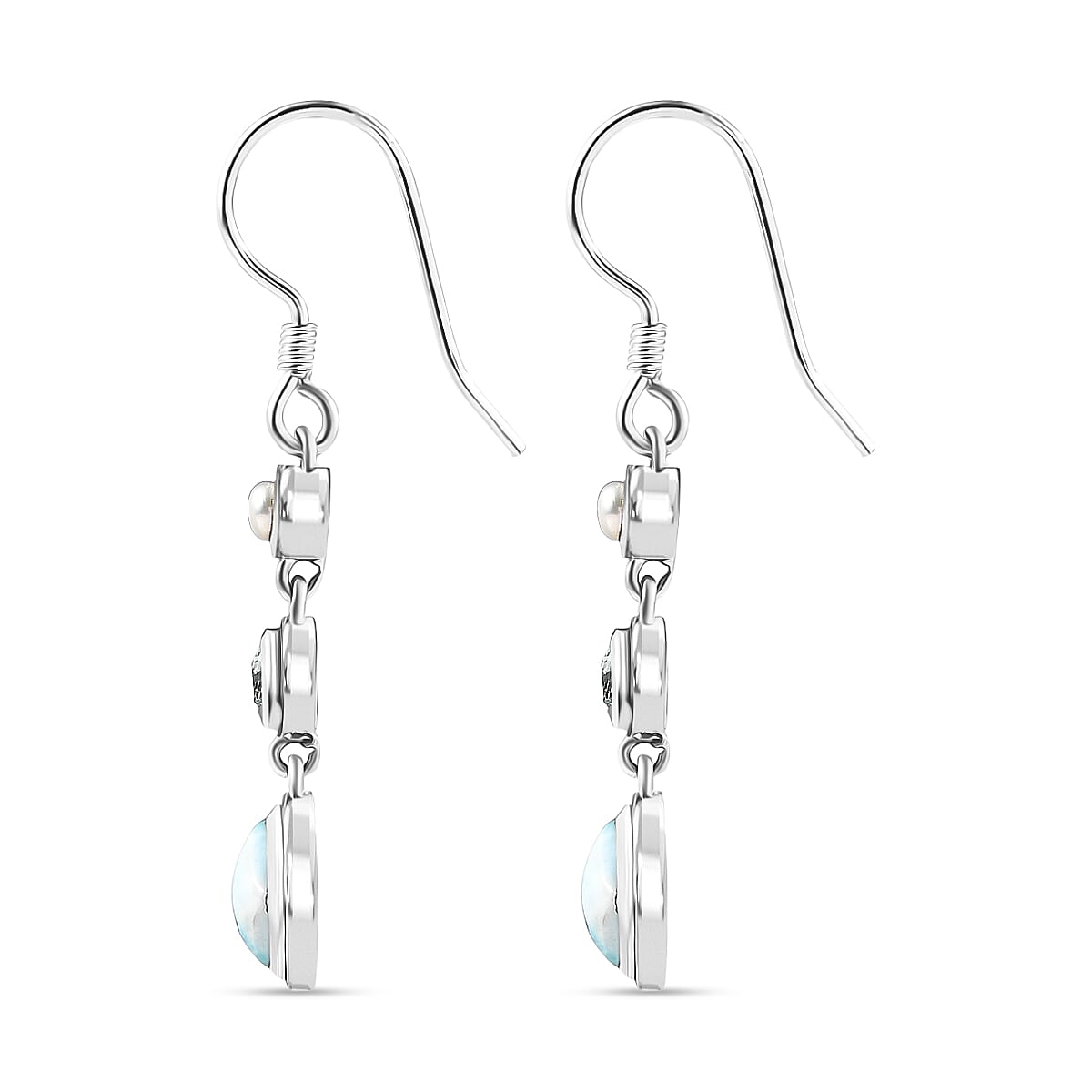 D'Joy Larimar, Skyblue Topaz and Fresh Water Pearl Dangling Earring with J Hook in Black Oxidised Sterling Silver 3.70 Ct. 8282877 4