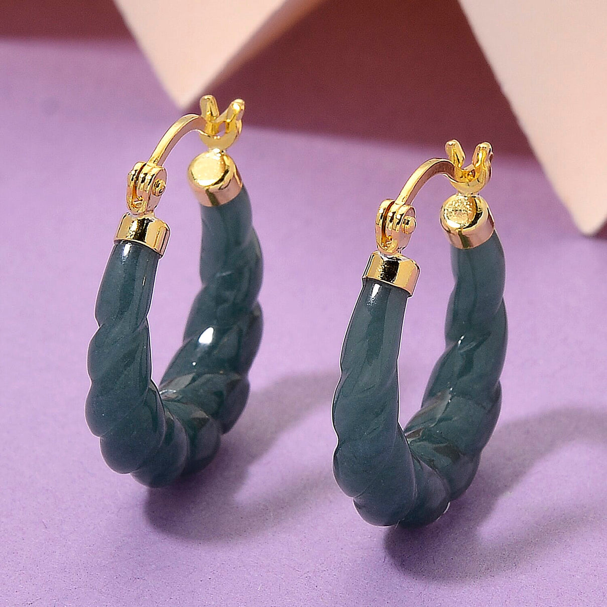 D'Joy Natural Type A Jadeite Hoop Earring in Yellow Gold Plated Sterling Silver 20.00 Ct. 8313861 2