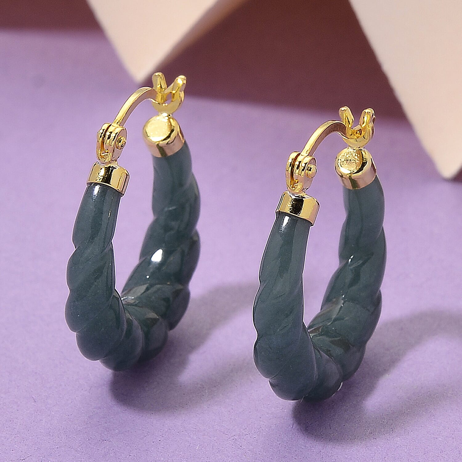 D'Joy Natural Type A Jadeite Hoop Earring in Yellow Gold Plated Sterling Silver 20.00 Ct. 8313861 2