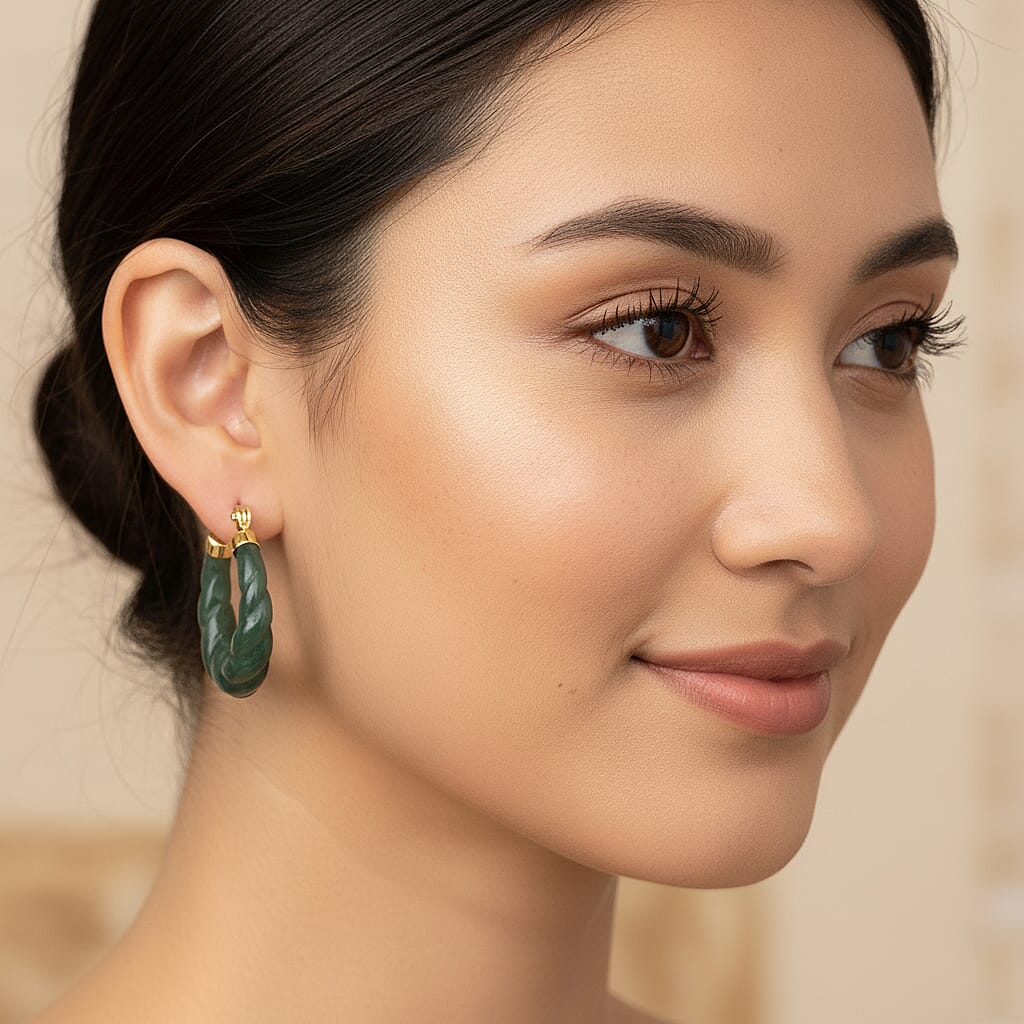 D'Joy Natural Type A Jadeite Hoop Earring in Yellow Gold Plated Sterling Silver 20.00 Ct. 8313861 3