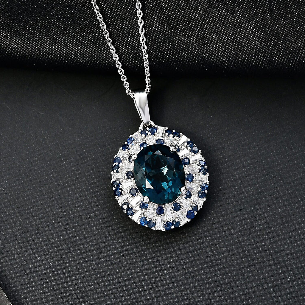 D'Joy London Blue Topaz, Moissanite & Blue Sapphire Pendant with Chain (Size 20) in Rhodium Overlay Sterling Silver 5.71 Ct.