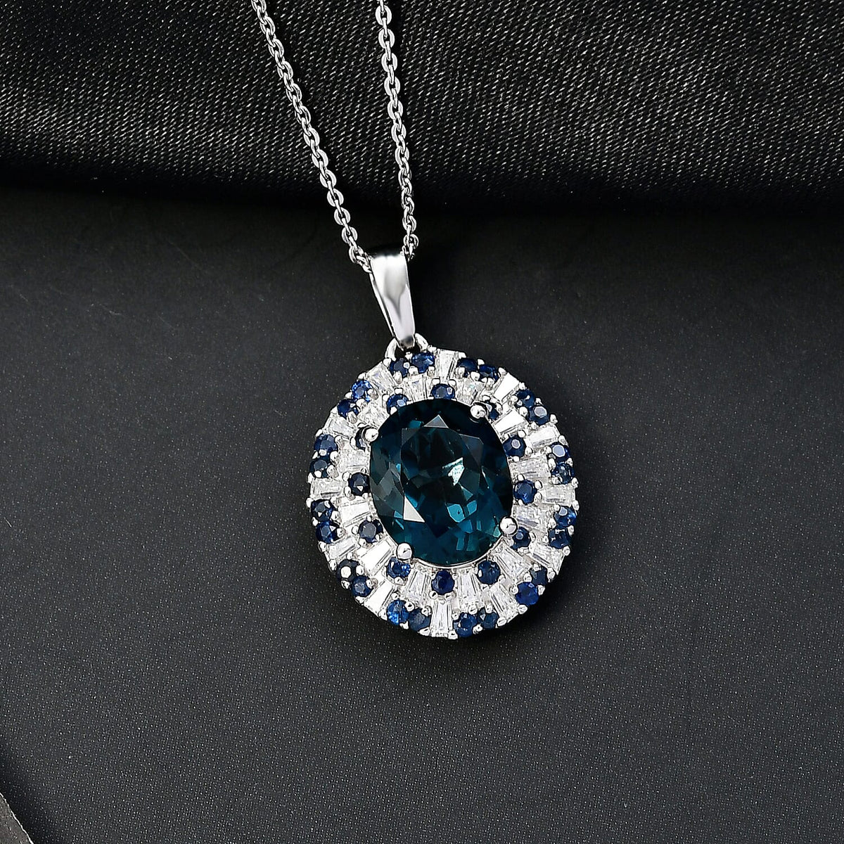 D'Joy London Blue Topaz, Moissanite and Blue Sapphire Double Halo Pendant with Chain (Size 20) in Rhodium Overlay Sterling Silver 5.69 Ct. 4429658 2