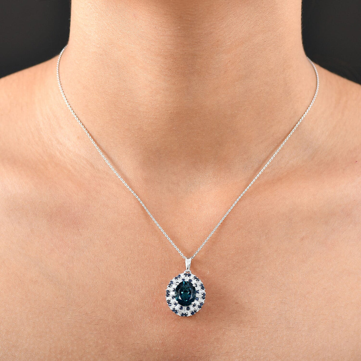 D'Joy London Blue Topaz, Moissanite and Blue Sapphire Double Halo Pendant with Chain (Size 20) in Rhodium Overlay Sterling Silver 5.69 Ct. 4429658 3