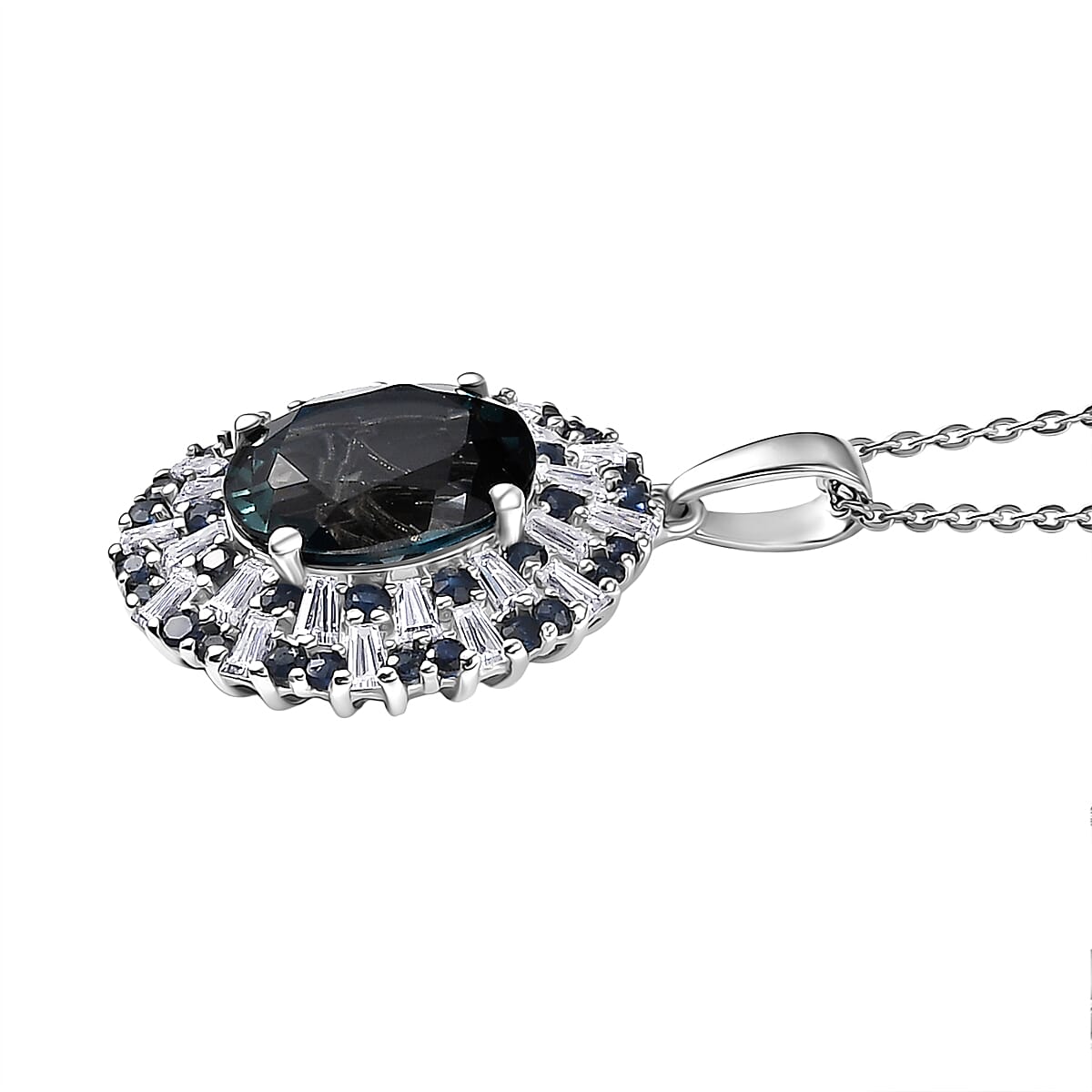 D'Joy London Blue Topaz, Moissanite and Blue Sapphire Double Halo Pendant with Chain (Size 20) in Rhodium Overlay Sterling Silver 5.69 Ct. 4429658 4