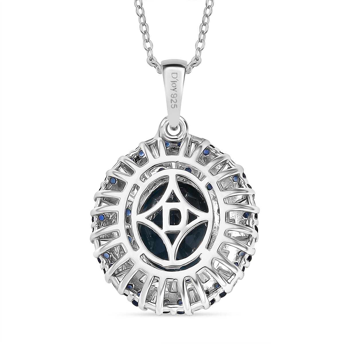 D'Joy London Blue Topaz, Moissanite and Blue Sapphire Double Halo Pendant with Chain (Size 20) in Rhodium Overlay Sterling Silver 5.69 Ct. 4429658 5