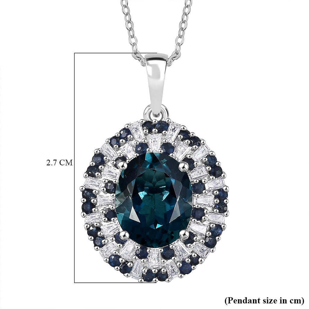 D'Joy London Blue Topaz, Moissanite & Blue Sapphire Pendant with Chain (Size 20) in Rhodium Overlay Sterling Silver 5.71 Ct.