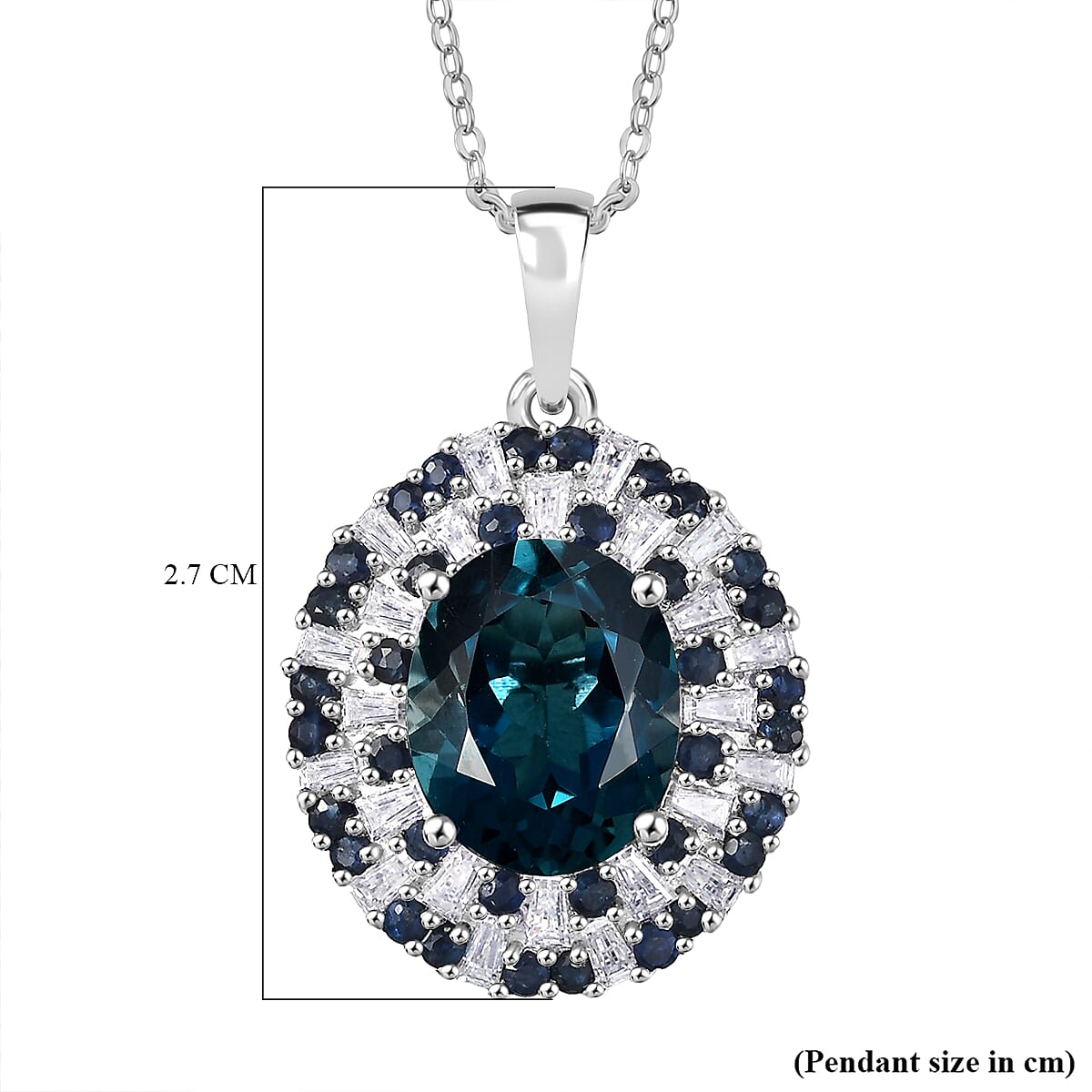 D'Joy London Blue Topaz, Moissanite and Blue Sapphire Double Halo Pendant with Chain (Size 20) in Rhodium Overlay Sterling Silver 5.69 Ct. 4429658 6