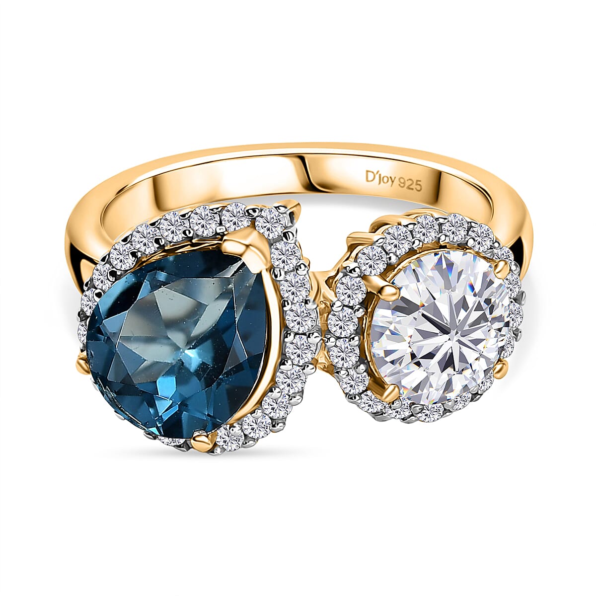 D'Joy Toi Et Moi London Blue Topaz, Moissanite Halo Ring in 18K Vermeil Yellow Gold-Plated Sterling Silver, 4.28 Ct. 8296233 0