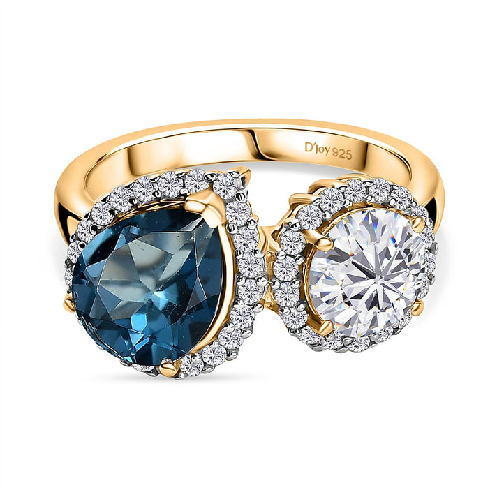 D'Joy Toi Et Moi London Blue Topaz, Moissanite Halo Ring in 18K Vermeil Yellow Gold-Plated Sterling Silver, 4.28 Ct. 8296233 1
