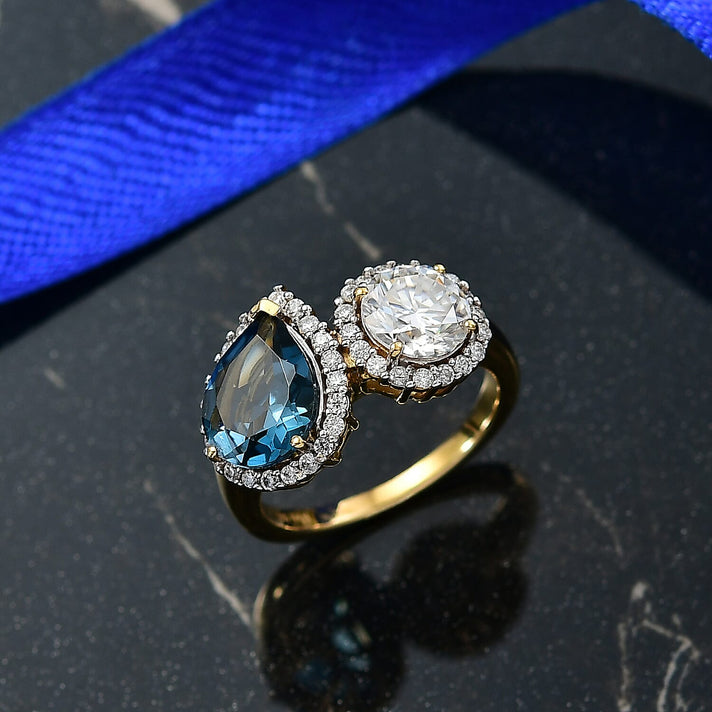 D'Joy Toi Et Moi London Blue Topaz, Moissanite Halo Ring in 18K Vermeil Yellow Gold-Plated Sterling Silver, 4.28 Ct. 8296233 2