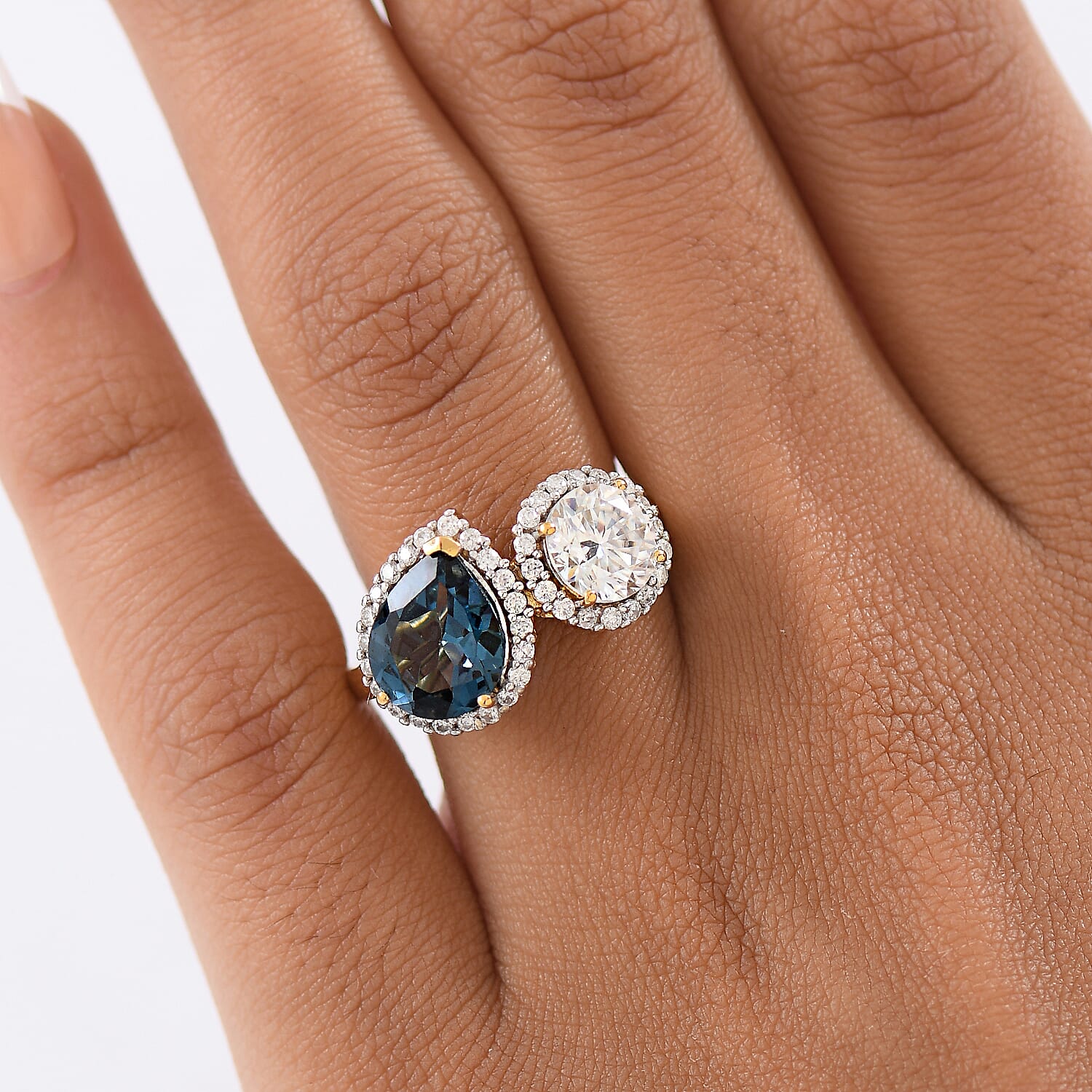 D'Joy Toi Et Moi London Blue Topaz, Moissanite Halo Ring in 18K Vermeil Yellow Gold-Plated Sterling Silver, 4.28 Ct. 8296233 3