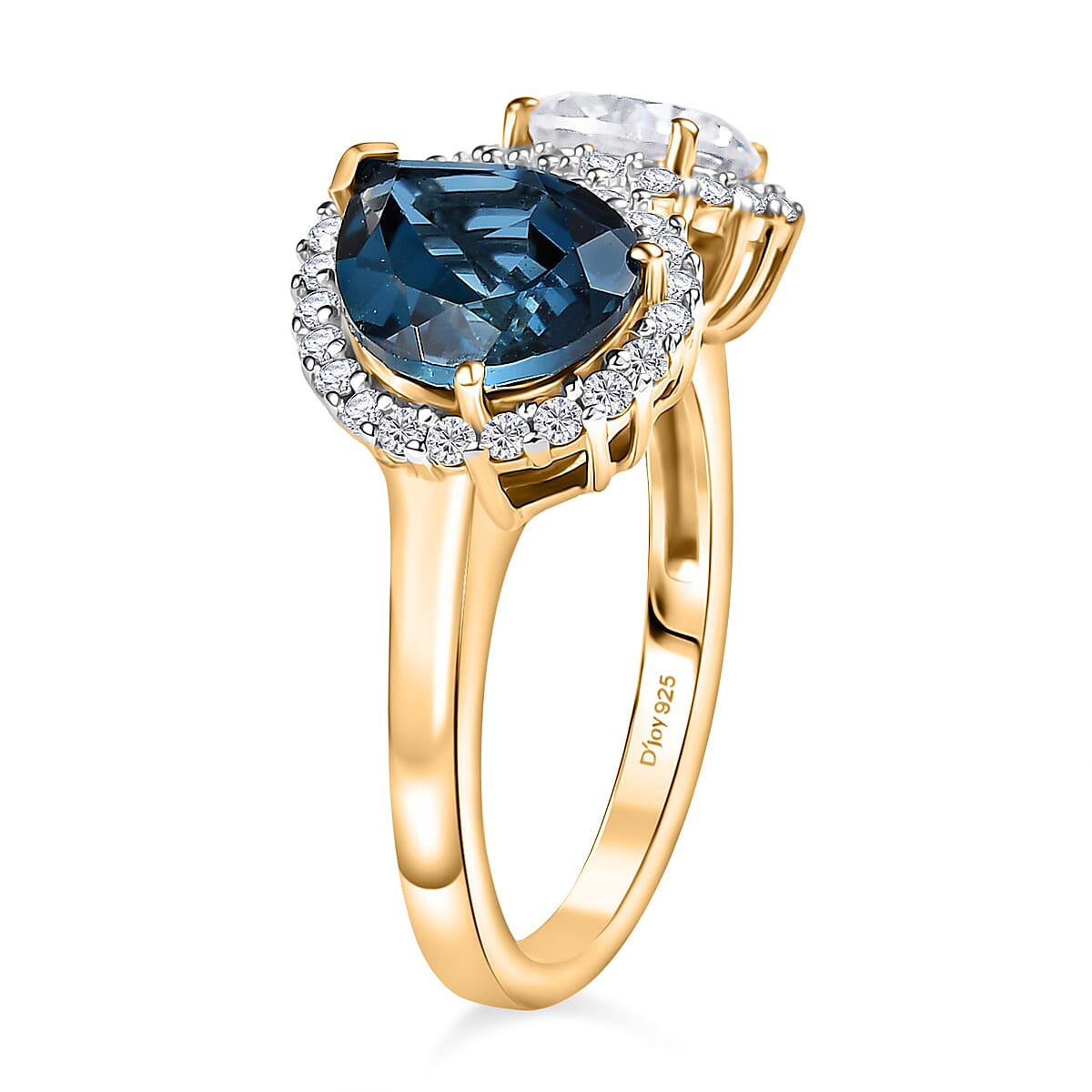 D'Joy Toi Et Moi London Blue Topaz, Moissanite Halo Ring in 18K Vermeil Yellow Gold-Plated Sterling Silver, 4.28 Ct. 8296233 4