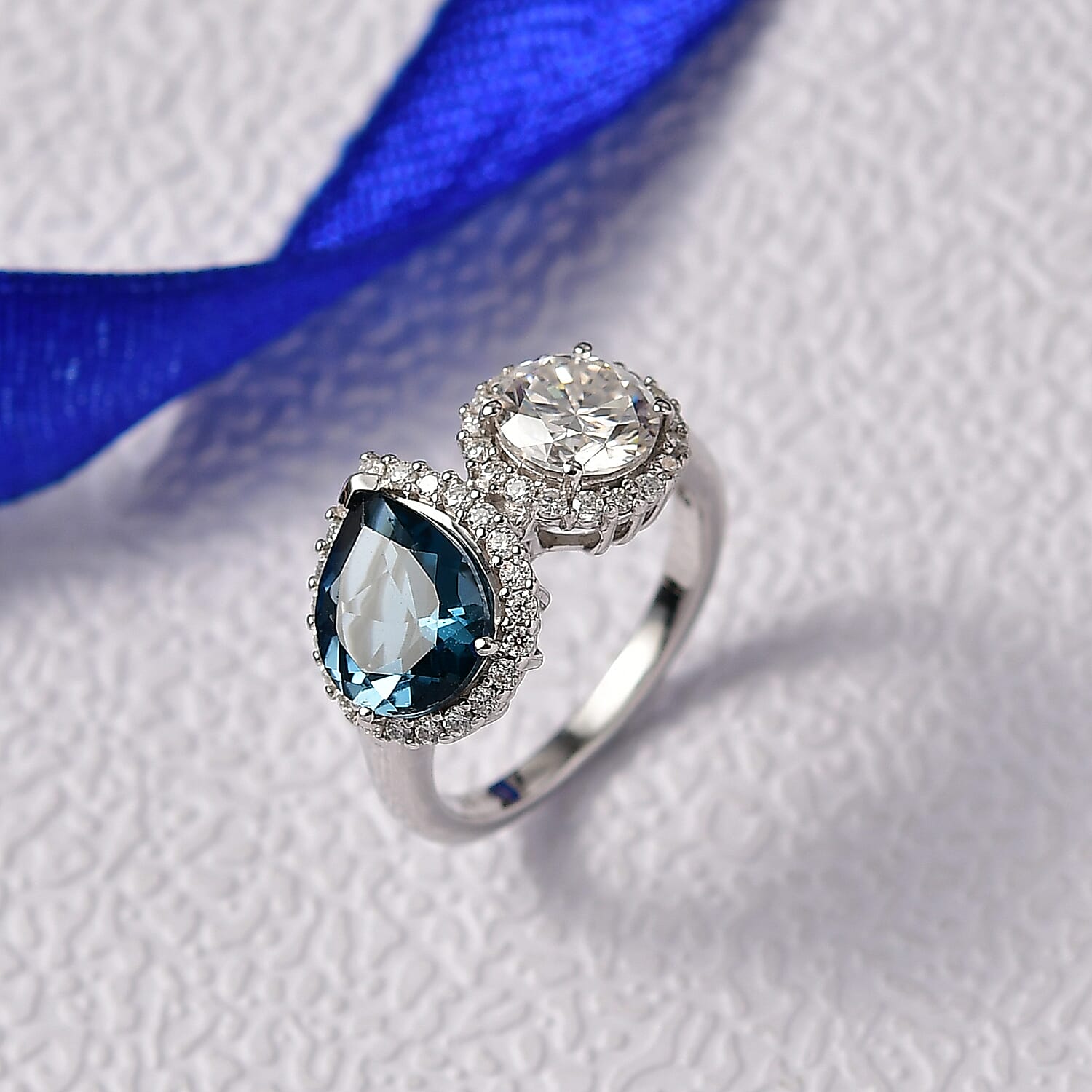 D'Joy Toi Et Moi London Blue Topaz &amp; Moissanite Halo Ring in Rhodium Overlay Sterling Silver 4.28 Ct. V32520408 2