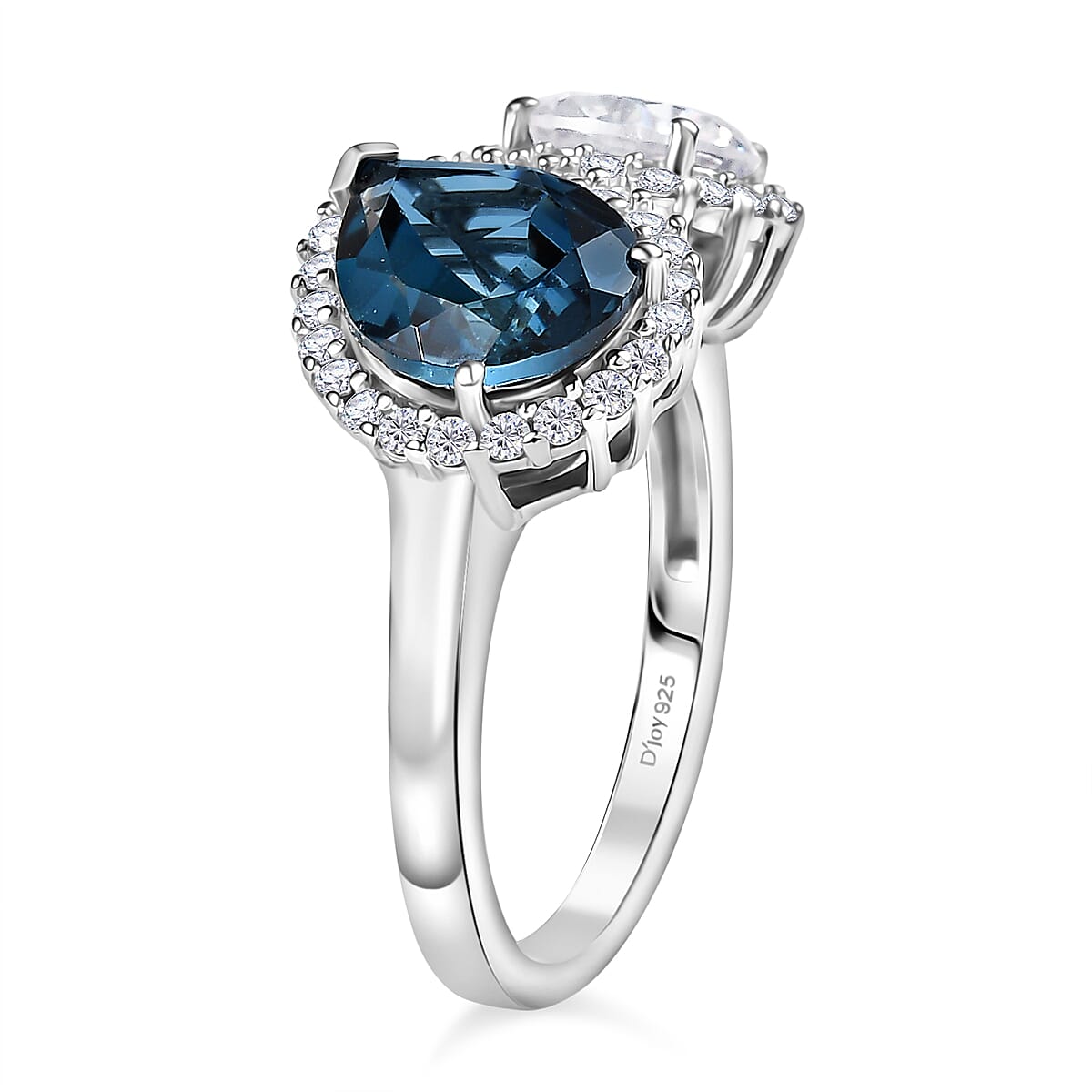 D'Joy Toi Et Moi London Blue Topaz &amp; Moissanite Halo Ring in Rhodium Overlay Sterling Silver 4.28 Ct. V32520408 4