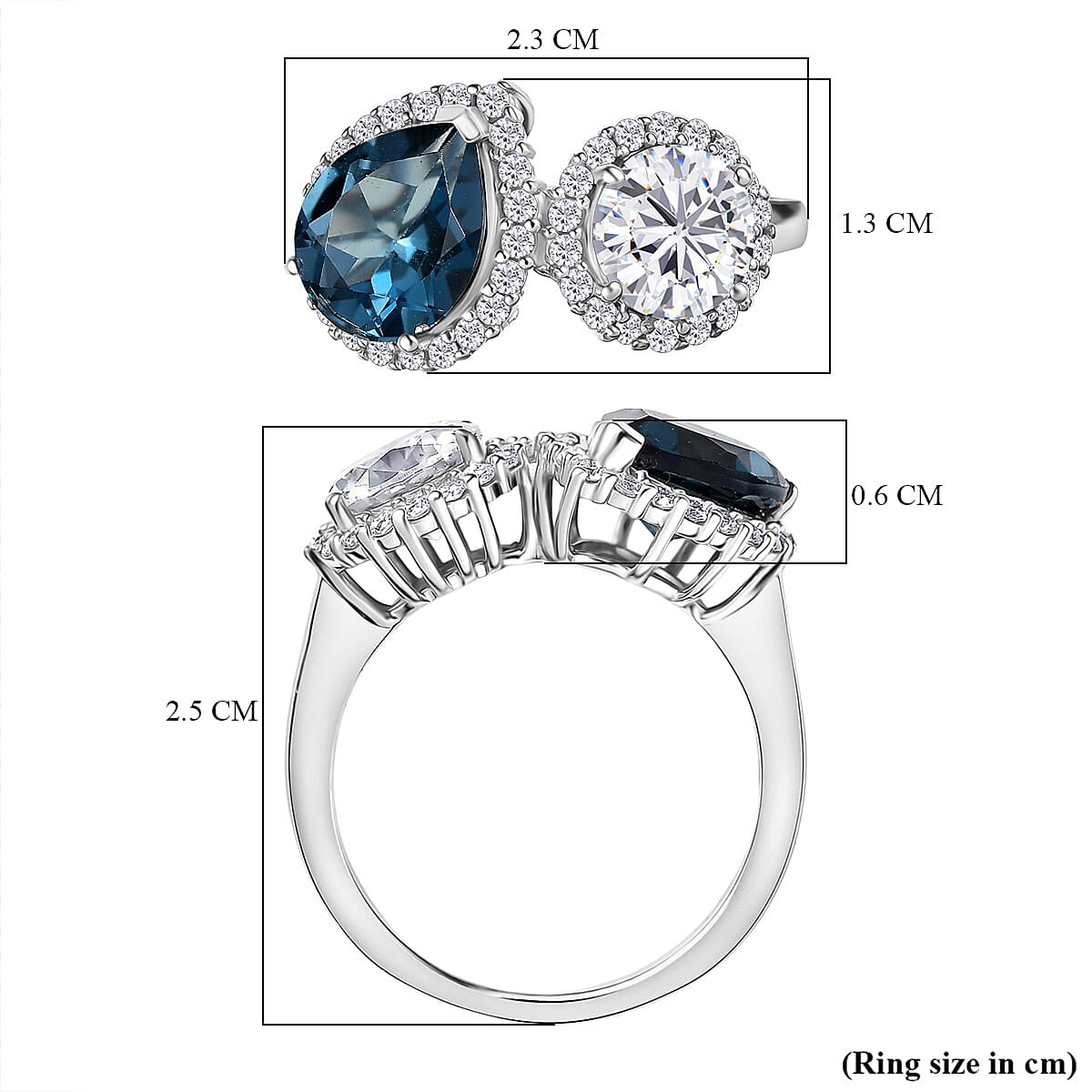 D'Joy Toi Et Moi London Blue Topaz &amp; Moissanite Halo Ring in Rhodium Overlay Sterling Silver 4.28 Ct. V32520408 6