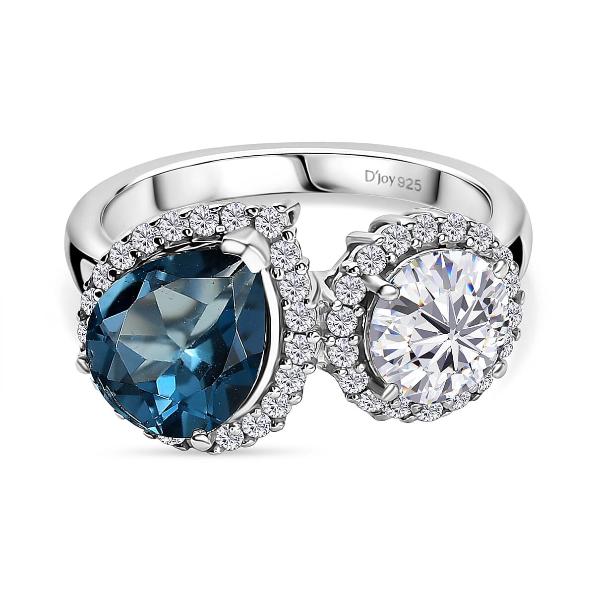 D'Joy Toi Et Moi London Blue Topaz &amp; Moissanite Halo Ring in Rhodium Overlay Sterling Silver 4.28 Ct. V32575914 0