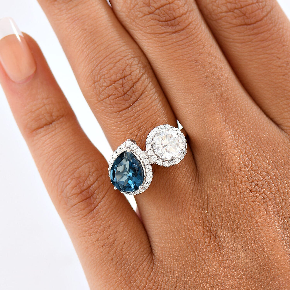 D'Joy Toi Et Moi London Blue Topaz &amp; Moissanite Halo Ring in Rhodium Overlay Sterling Silver 4.28 Ct. V32575914 3