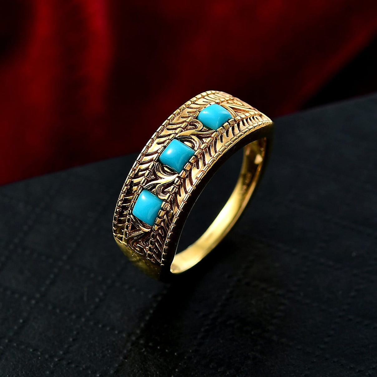 D'joy Sleeping Beauty Turquoise 3-Stone Ring in Yellow Gold Plated Sterling Silver 0.37 Ct. 8229826 1