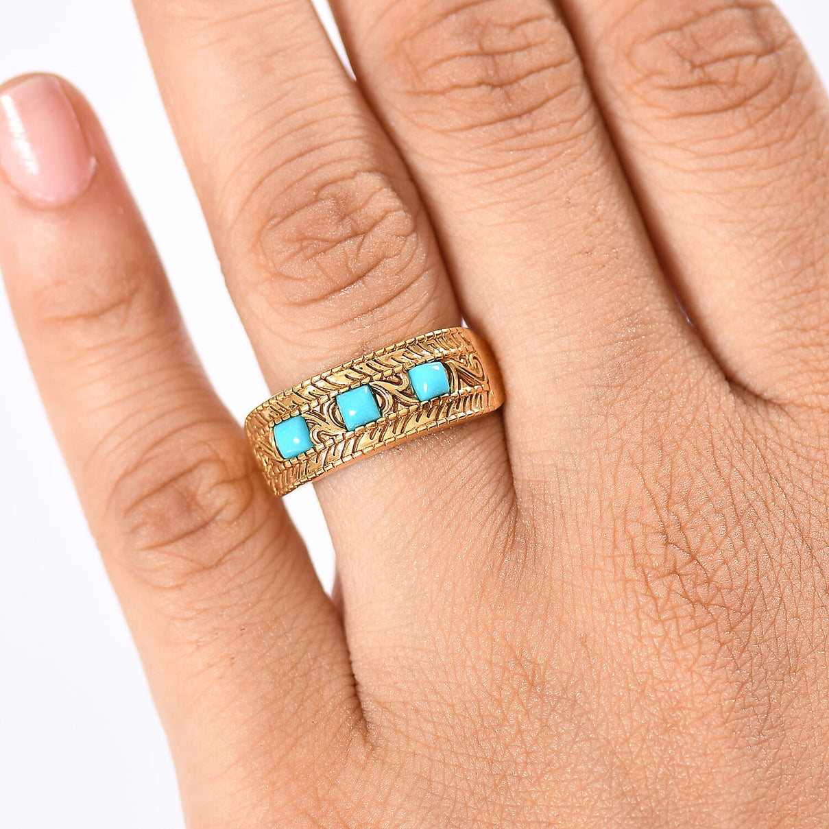 D'joy Sleeping Beauty Turquoise 3-Stone Ring in Yellow Gold Plated Sterling Silver 0.37 Ct. 8229826 2
