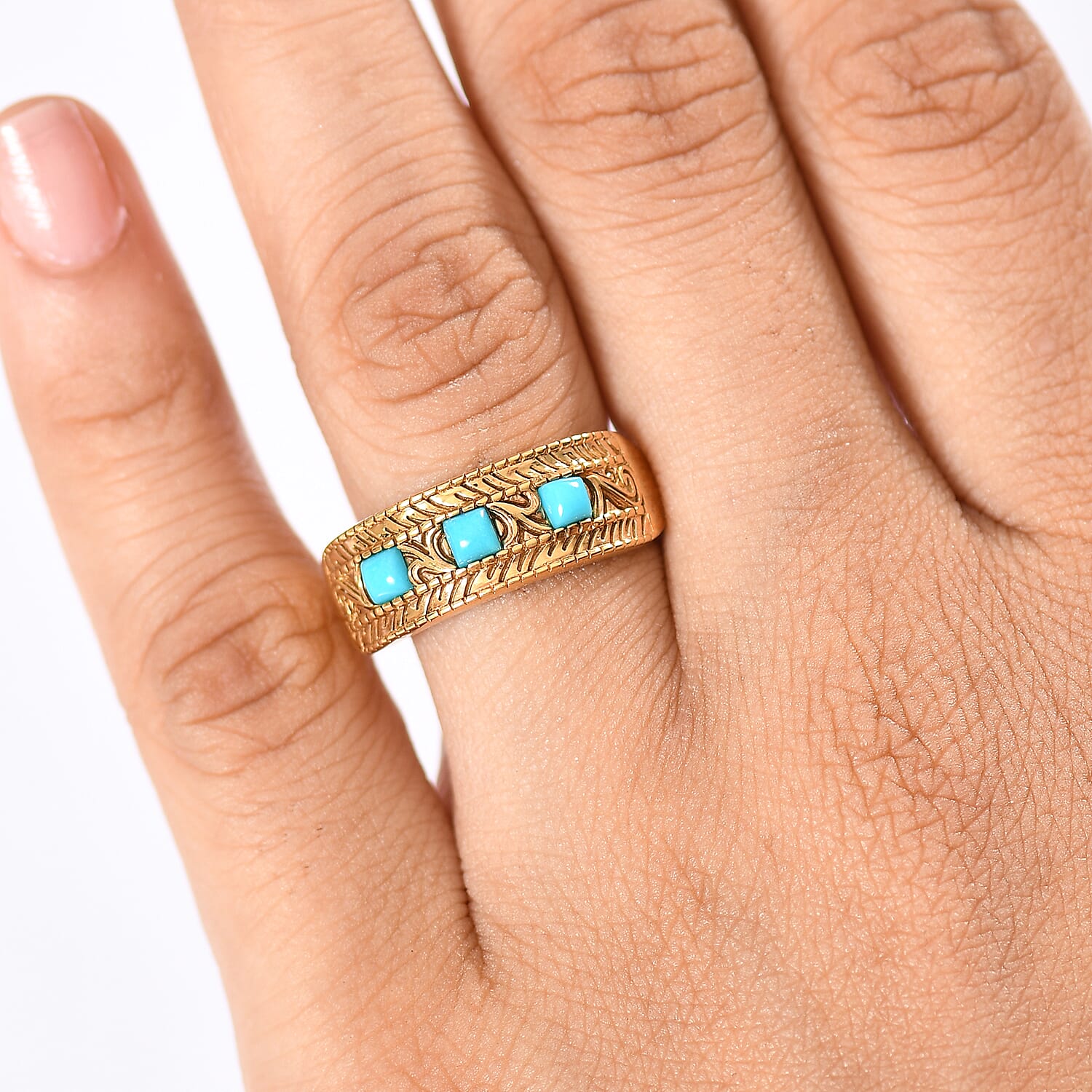 D'joy Sleeping Beauty Turquoise 3-Stone Ring in Yellow Gold Plated Sterling Silver 0.37 Ct. 8229826 2