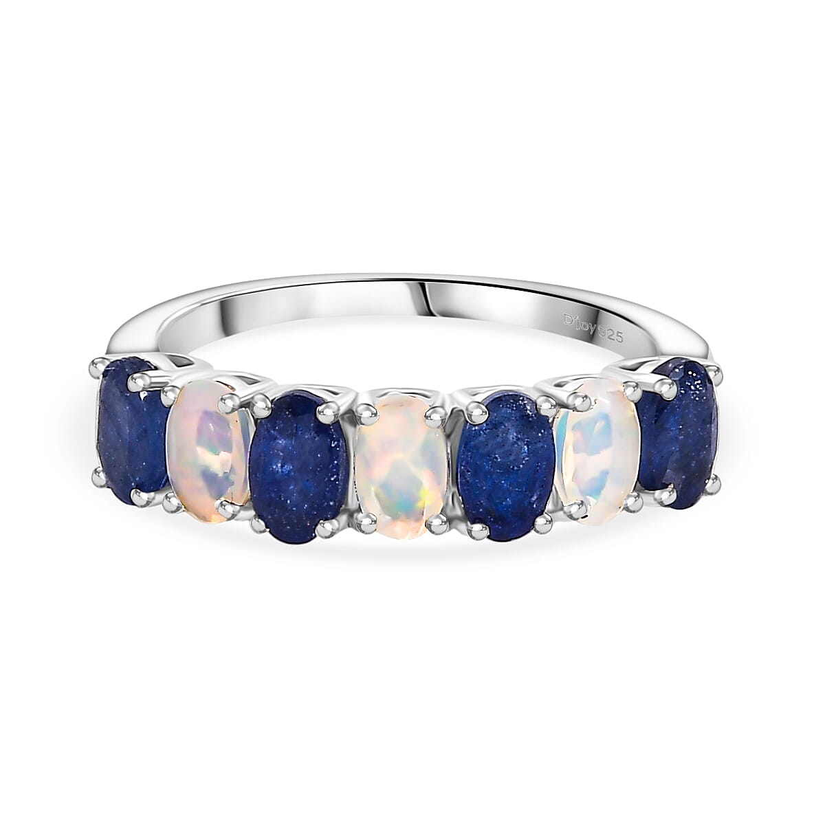 D'Joy Masoala Sapphire &amp; Ethiopian Opal 7 Stone Look Ring in Rhodium Overlay Sterling Silver 1.95 Ct. 8263154 0