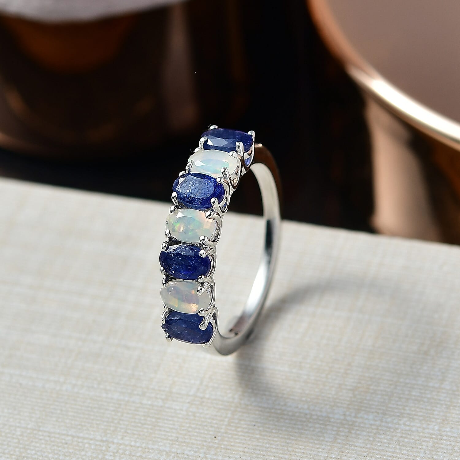 D'Joy Masoala Sapphire &amp; Ethiopian Opal 7 Stone Look Ring in Rhodium Overlay Sterling Silver 1.95 Ct. 8263154 2