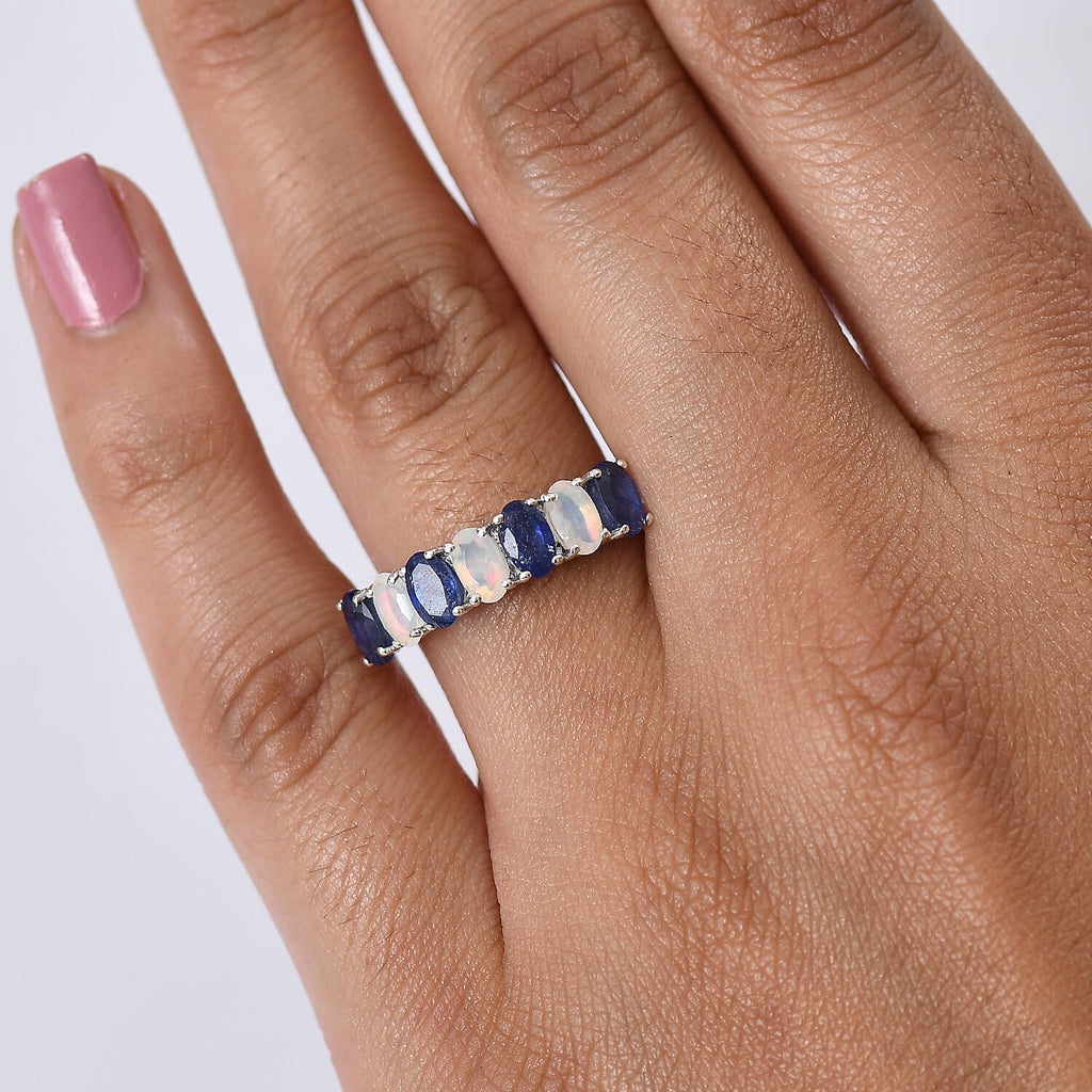 D'Joy Masoala Sapphire & Ethiopian Opal 7 Stone Look Ring in Rhodium Overlay Sterling Silver 1.95 Ct.