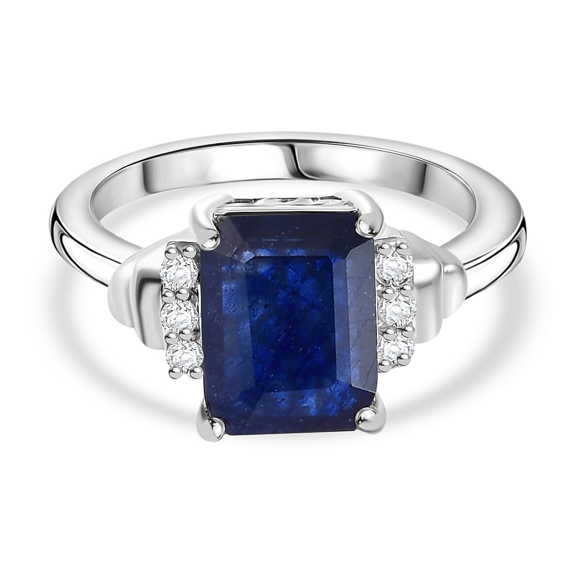 D'Joy Masoala Sapphire &amp; White Zircon Ring in Rhodium Overlay Sterling Silver 3.72 Ct. 8263163 0