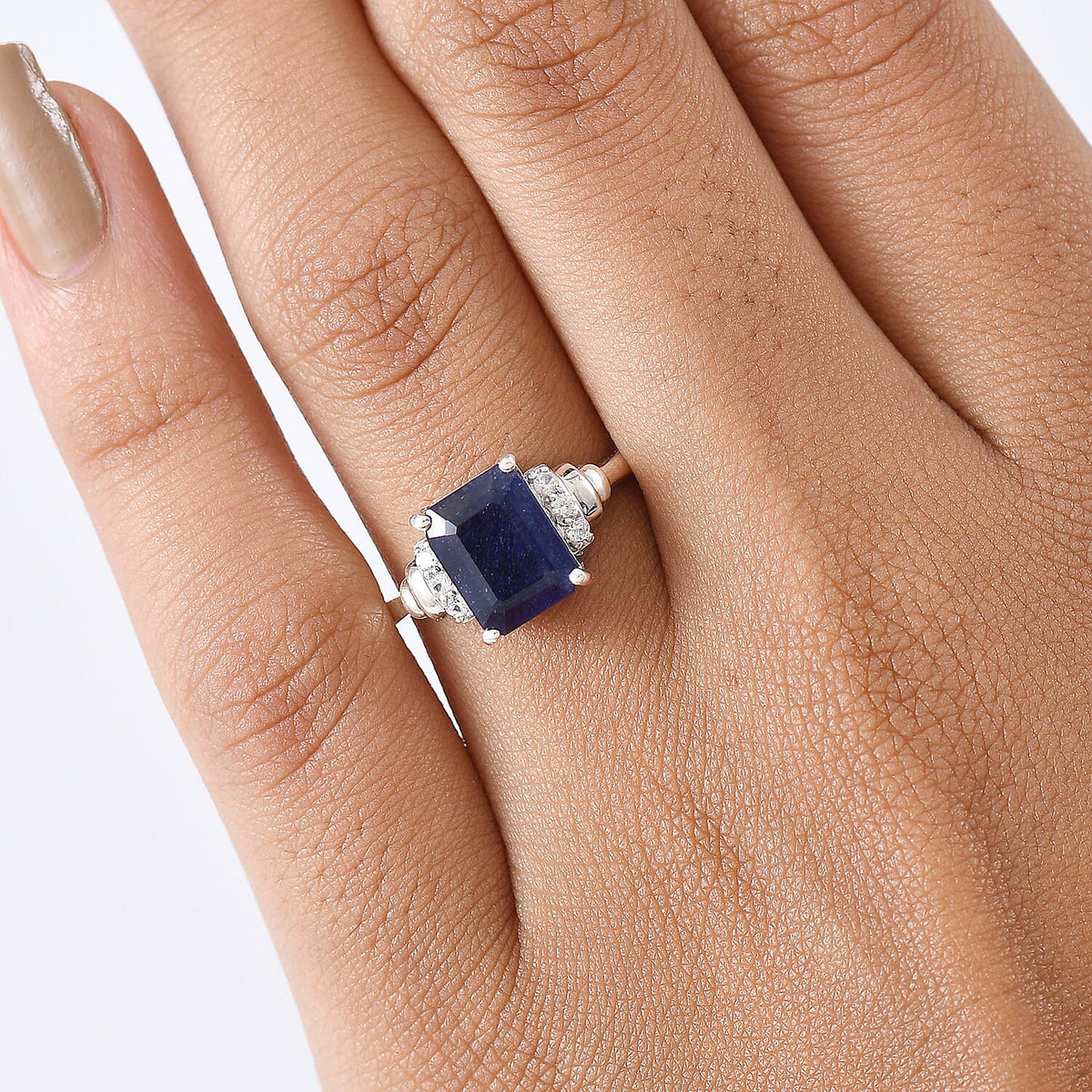 D'Joy Masoala Sapphire &amp; White Zircon Ring in Rhodium Overlay Sterling Silver 3.72 Ct. 8263163 2