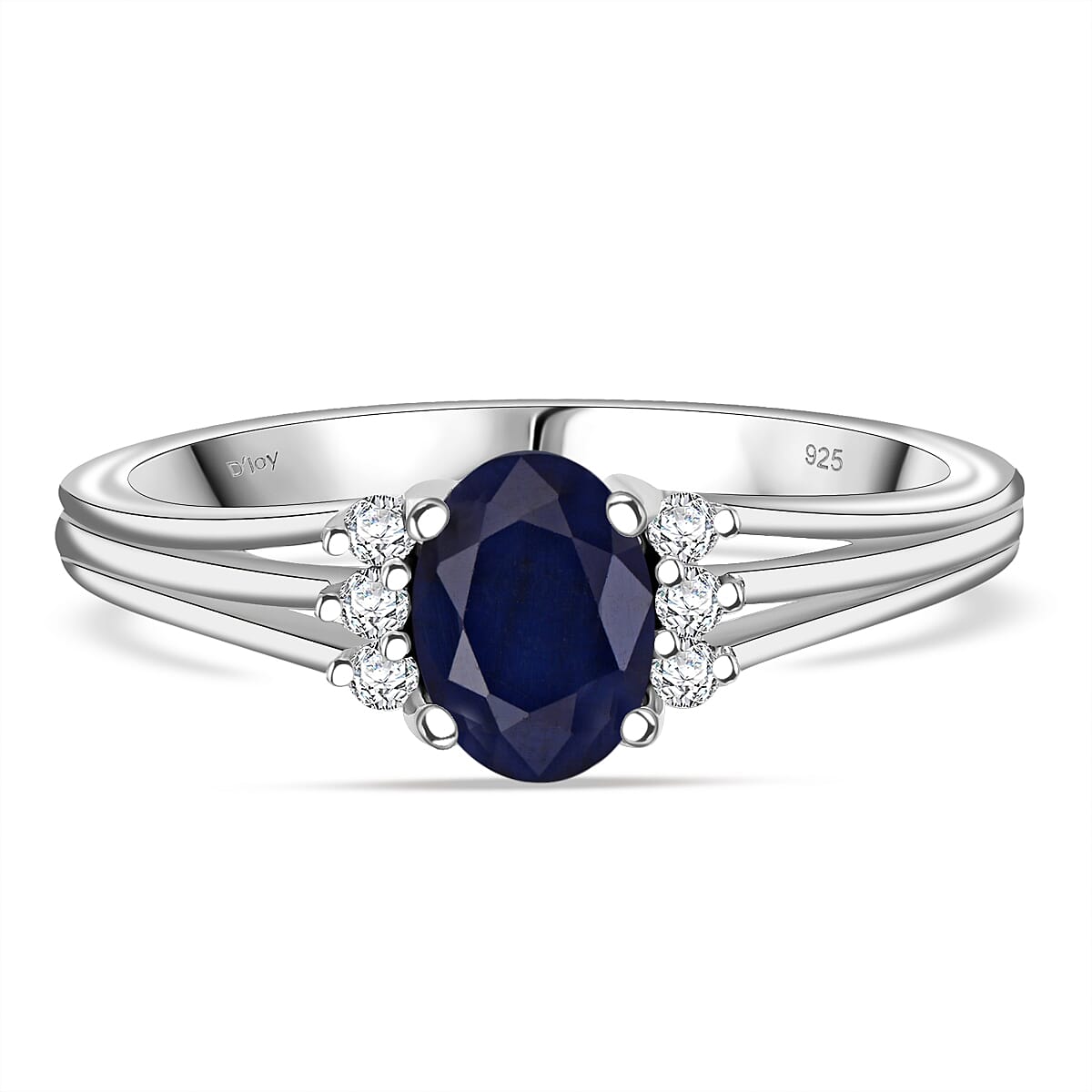 D'Joy Masoala Sapphire &amp; White Zircon Ring in Rhodium Overlay Sterling Silver 1.40 Ct. 8273017 0
