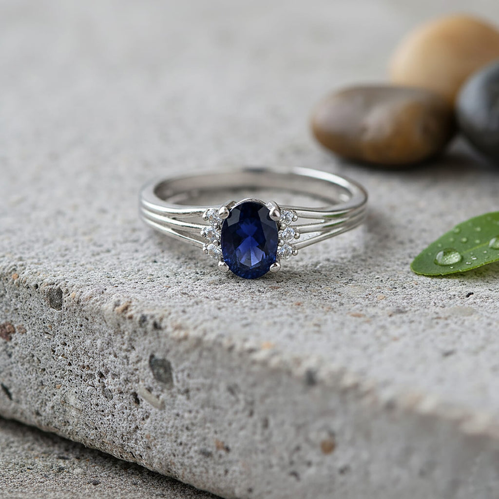 D'Joy Masoala Sapphire & White Zircon Ring in Rhodium Overlay Sterling Silver 1.40 Ct.