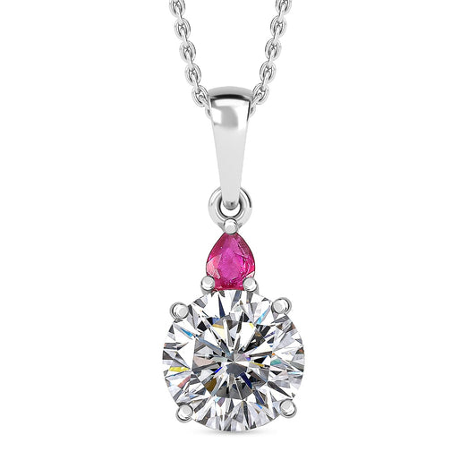 D'Joy Moissanite & African Ruby Drop Pendant with Chain (Size 20) in Rhodium Overlay Sterling Silver 2.00 Ct.