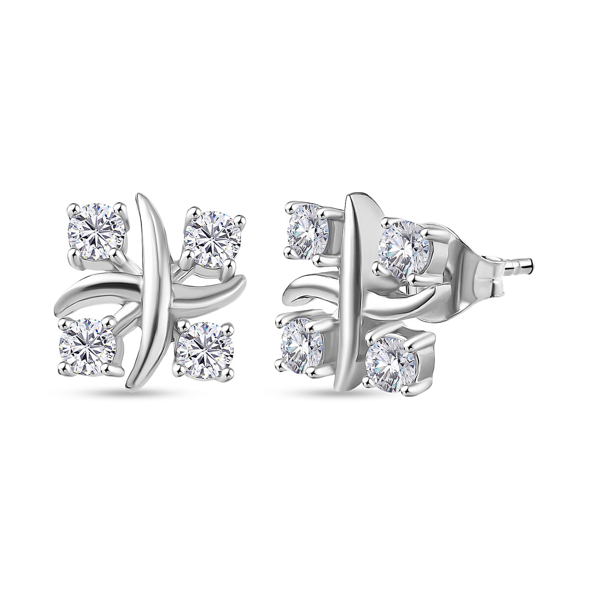 D'Joy Moissanite Cluster Earring with Push Back in Platinum Overlay Sterling Silver 8435030 0
