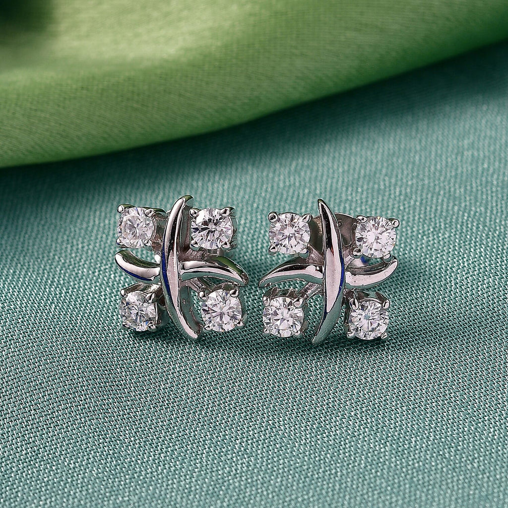 D'Joy Moissanite Cluster Earring with Push Back in Platinum Overlay Sterling Silver