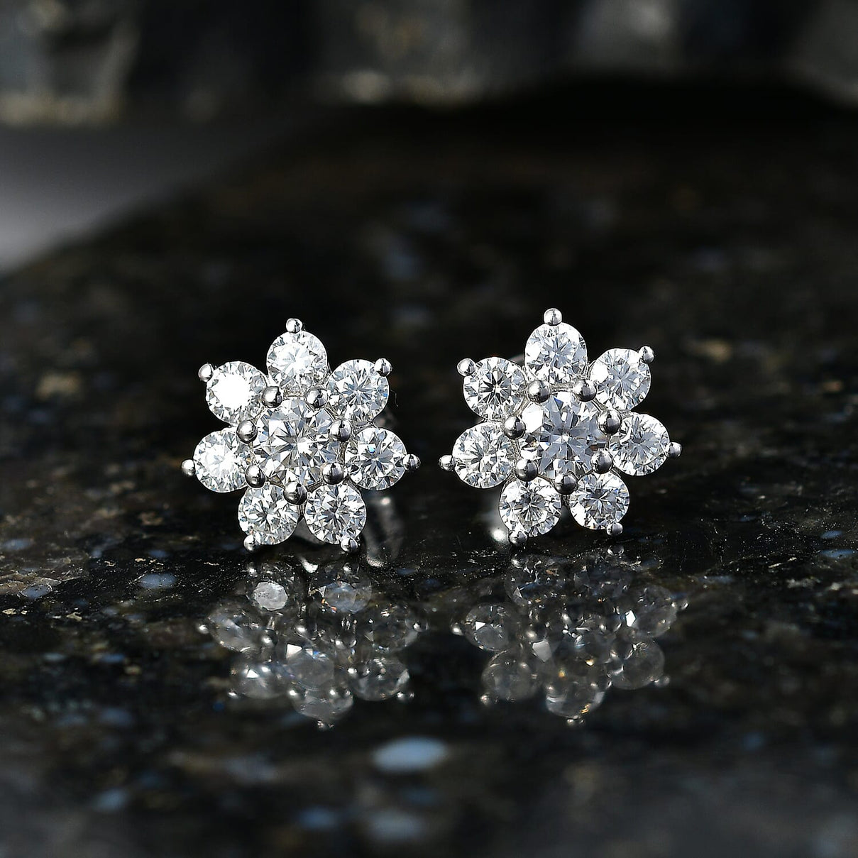 D'Joy - Moissanite Floral Cluster Earring with Push Back in Platinum Overlay Sterling Silver 1.62 Ct. V32528236 3