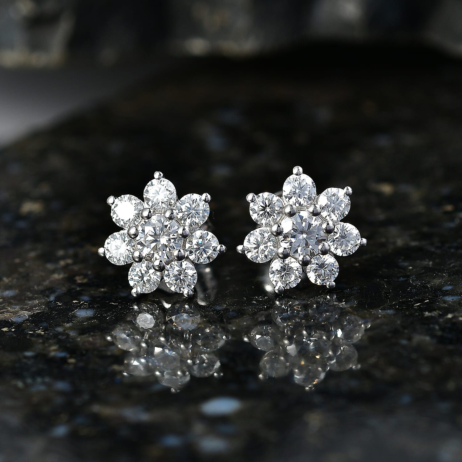 D'Joy - Moissanite Floral Cluster Earring with Push Back in Platinum Overlay Sterling Silver 1.62 Ct. V32528236 3