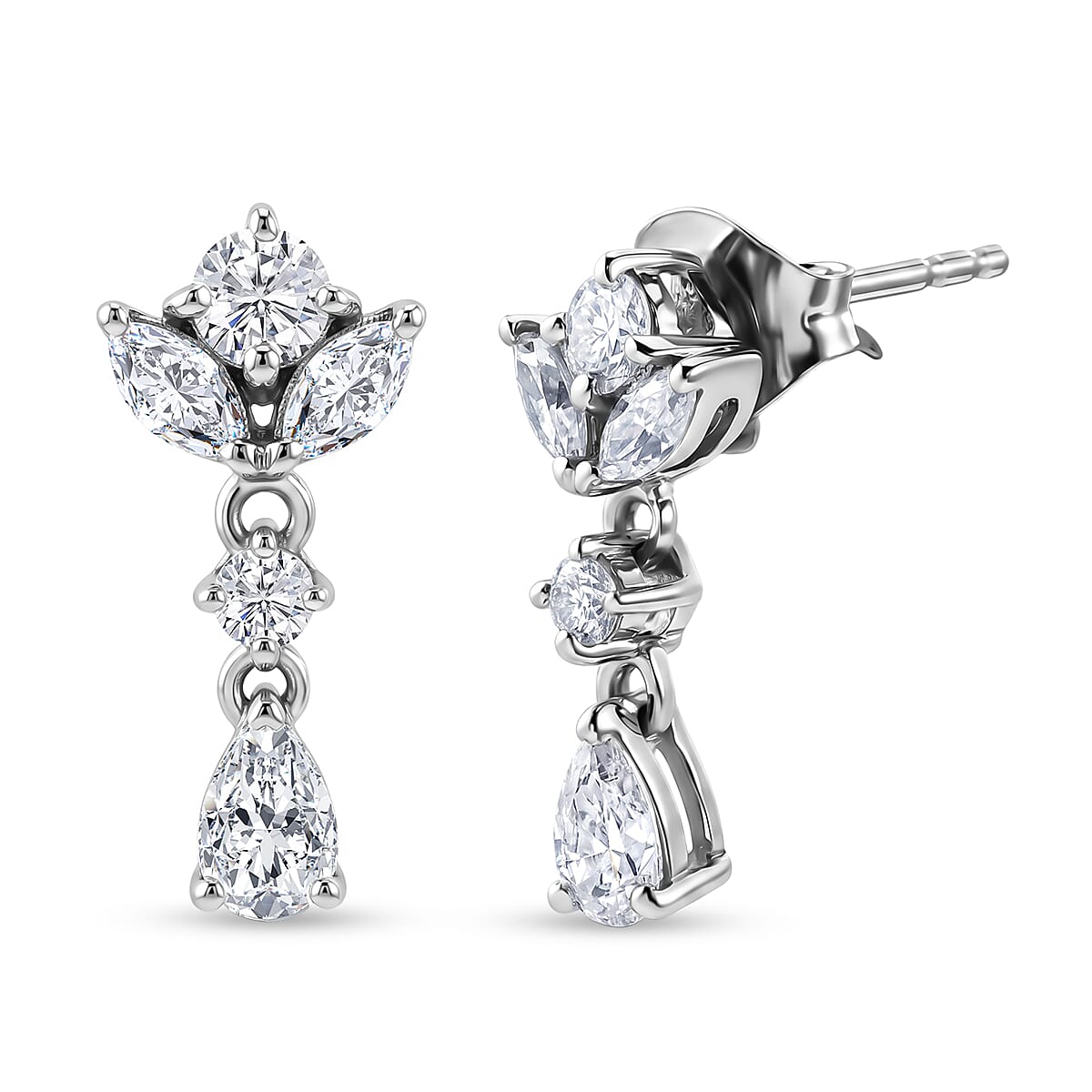 D'Joy - Moissanite Dangling Earring with Push Back in Platinum Overlay Sterling Silver 8556049 0