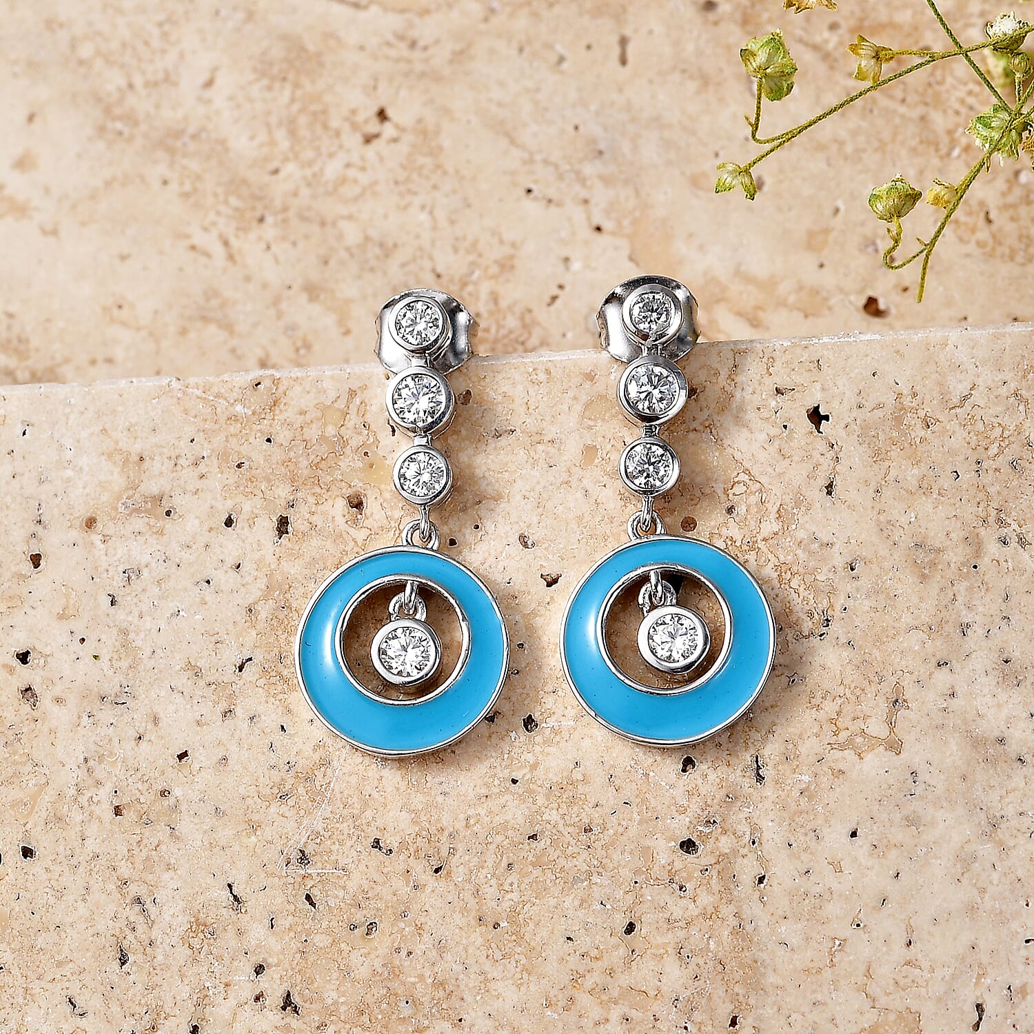 D'Joy - Moissanite Dangling Earring with Push Back in Platinum Overlay Sterling Silver 8557137 3