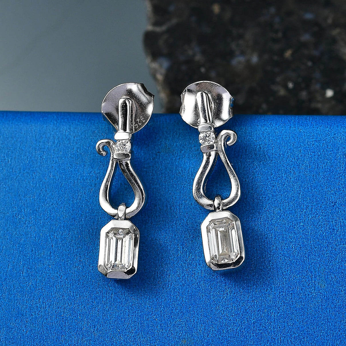D'Joy - Moissanite Dangling Earring with Push Back in Platinum Overlay Sterling Silver 8561834 3
