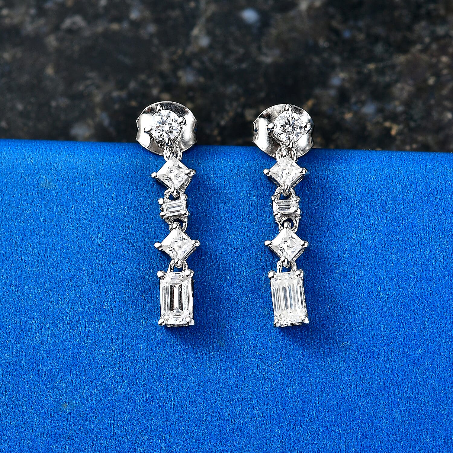 D'Joy - Moissanite Dangling Earring with Push Back in Rhodium Overlay Sterling Silver 1.13 Ct. 8561836 3
