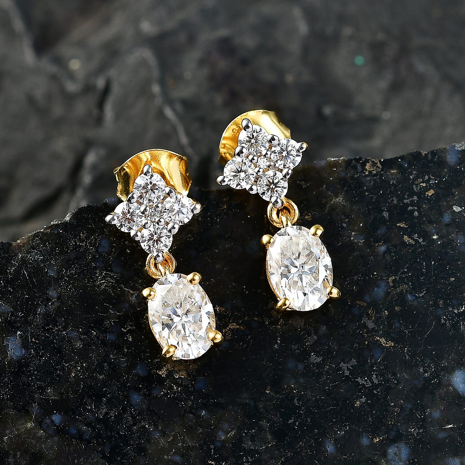 D'Joy - Moissanite Dangling Earring with Push Back in Yellow Gold Plated Sterling Silver 2.14 Ct. V32518663 3