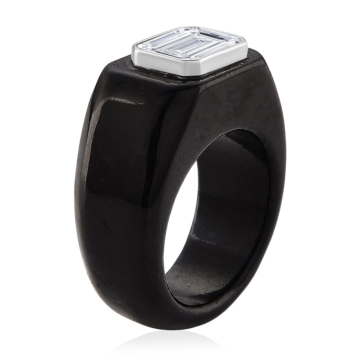 D'Joy - Moissanite &amp; Black Jade Solitaire Band in Rhodium Overlay Sterling Silver 30.87 Ct. 8486765 7